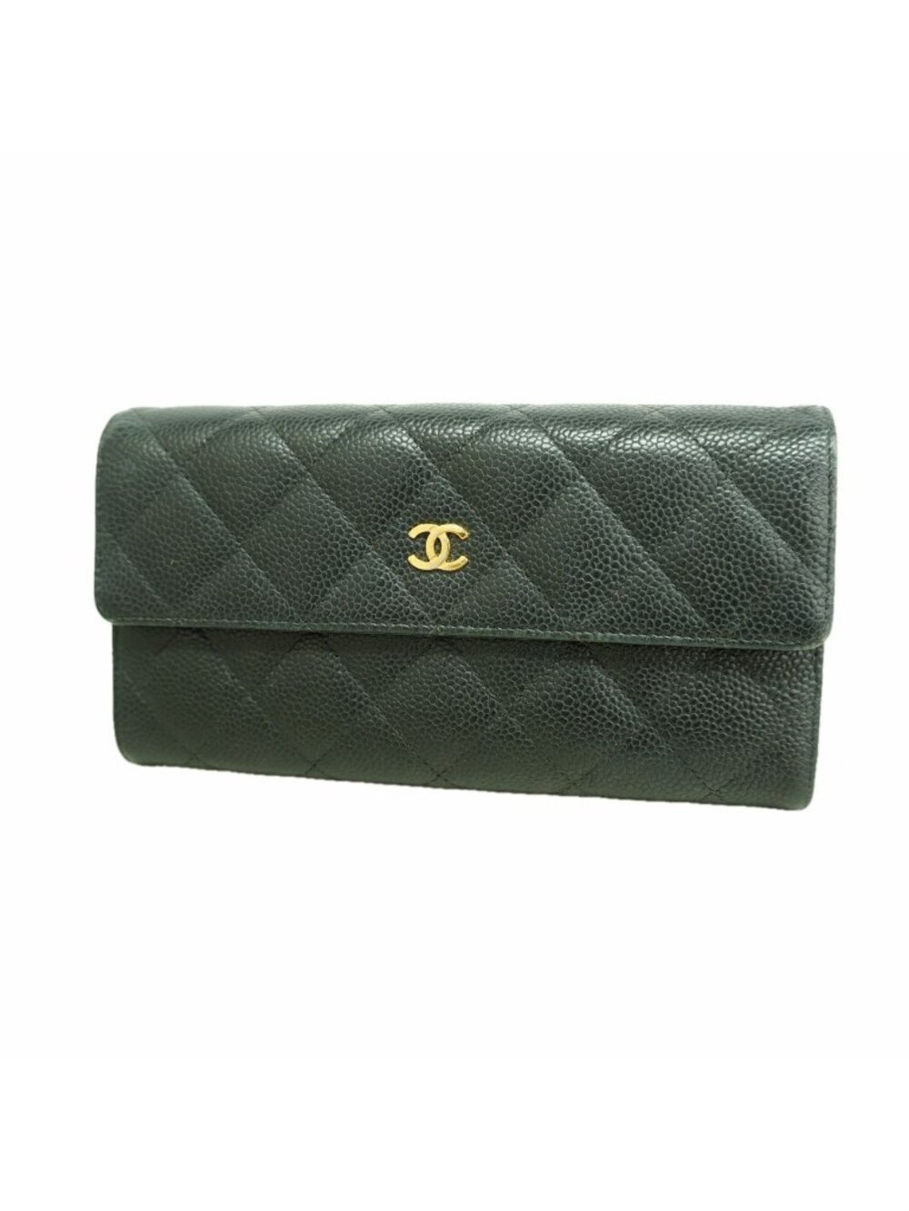 Chanel Wallet Quilted Caviar Leather Black Gold